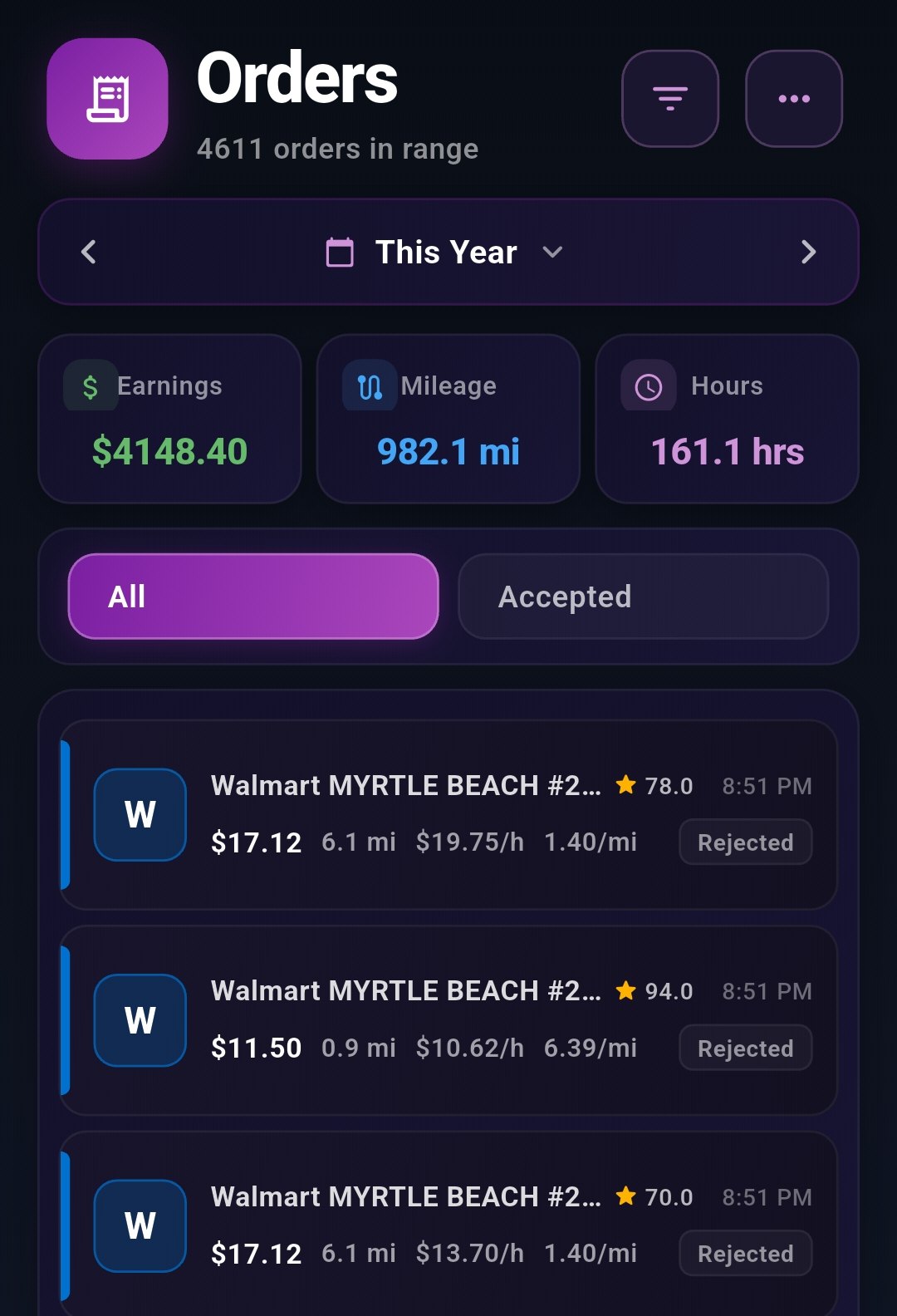 Giggy orders list with pay, miles, and time