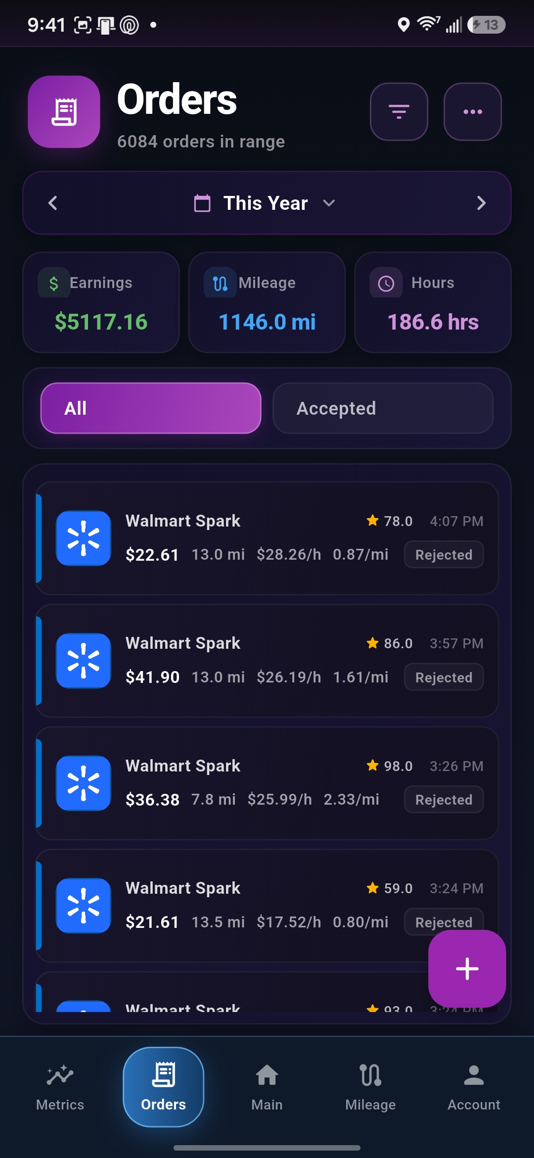Giggy account screen with settings, app permissions, support, and sign out actions