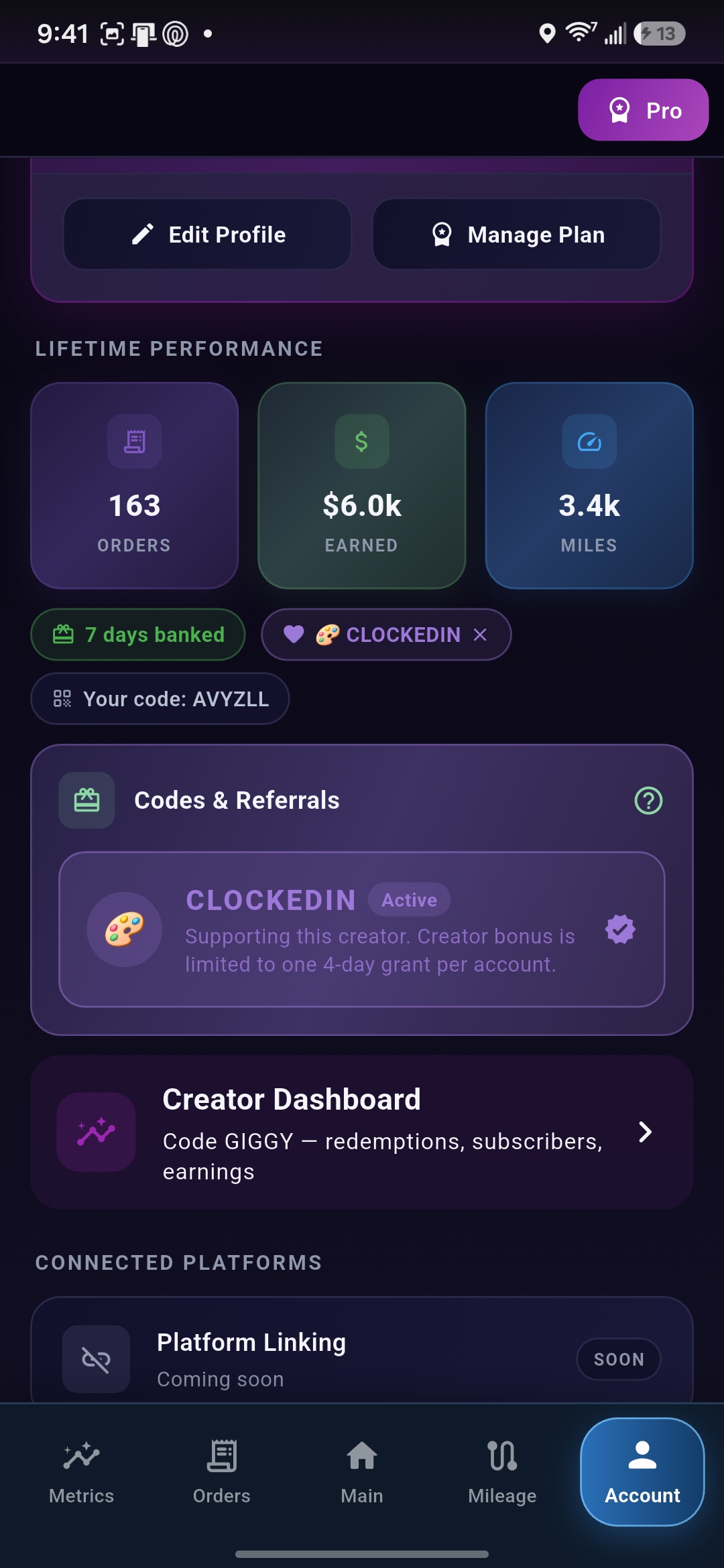 Giggy metrics screen with filters, EPH hero, core metrics cards, and strategy analytics