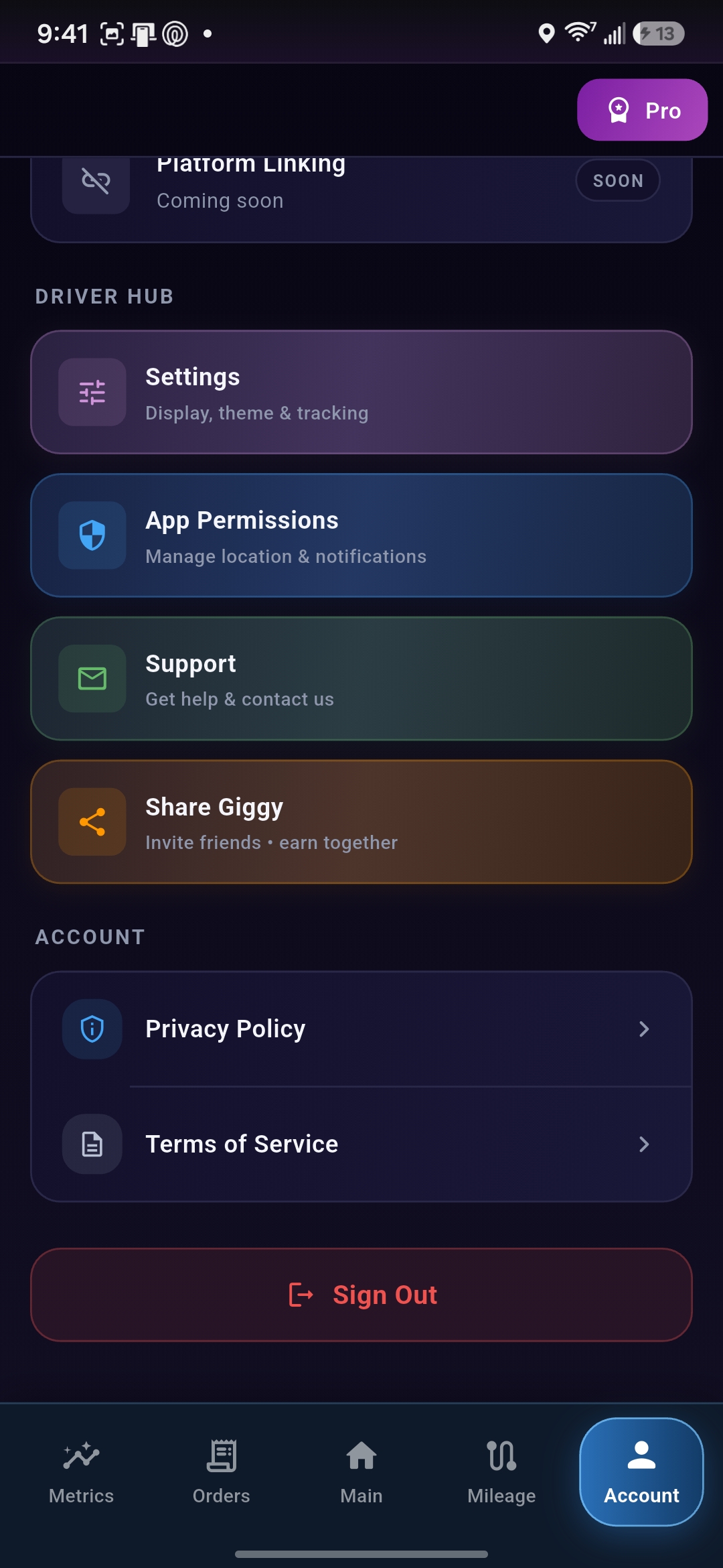 Giggy orders screen with date filter controls, all and accepted chips, and order rows