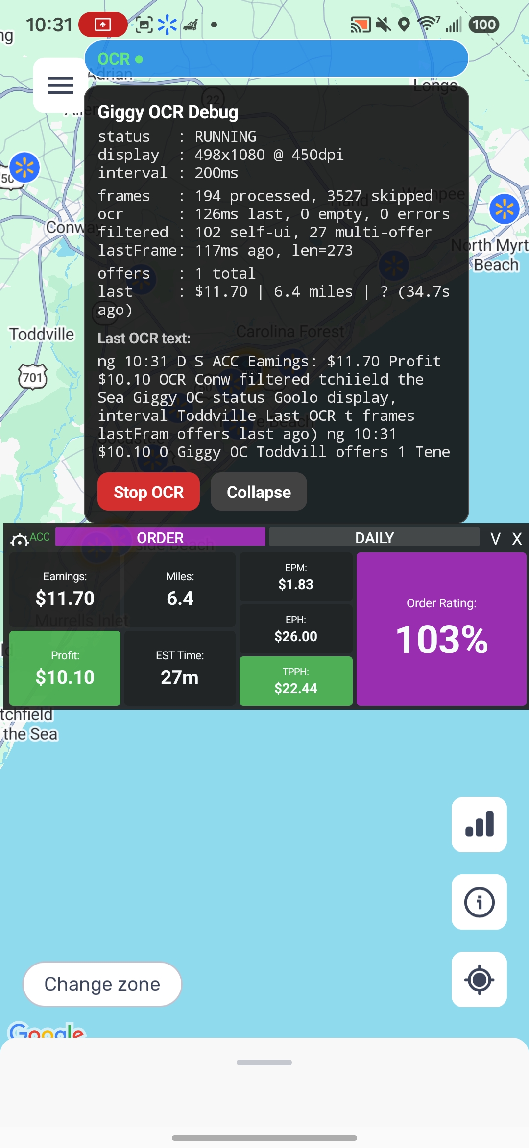 Giggy offer overlay displayed on top of a Walmart Spark offer with earnings, miles, EPM, EPH, and TPPH