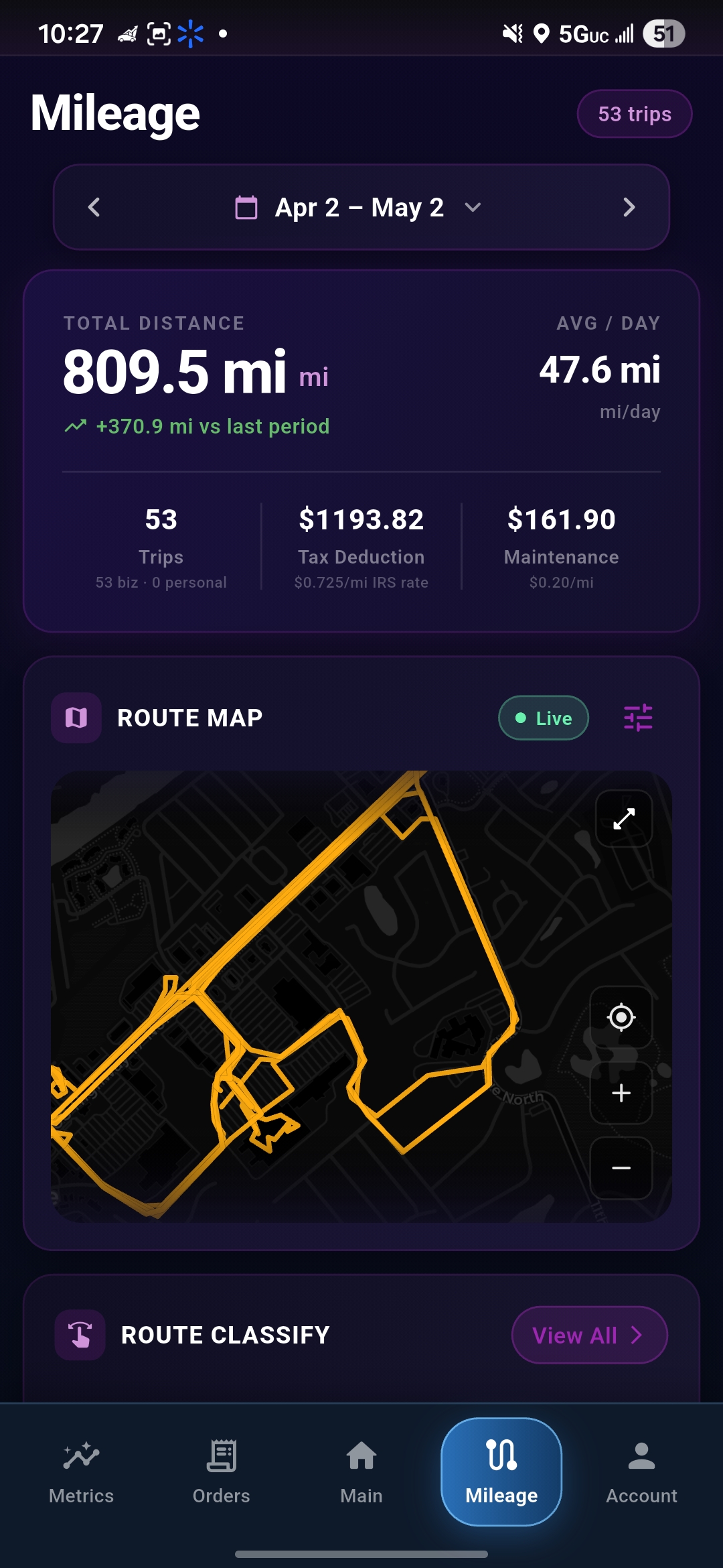 Giggy mileage screen with route history, mapped trip, and summary metrics